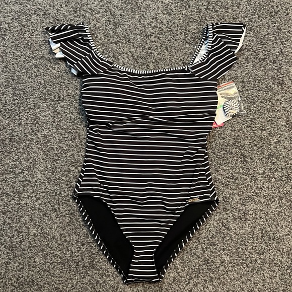 Vince Camuto Black White Striped One-Piece Swimsuit Size 8 NWT - Picture 1 of 6